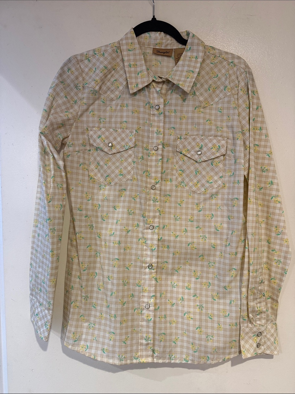 Wrangler Beige Plaid Button-Down Shirt with Yellow and Green Floral Detail